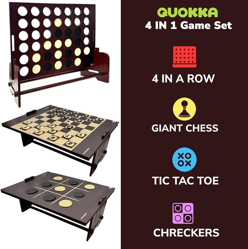 QUOKKA Giant Four in a Row Connect Outdoor Game 4-in-1 SUPERSET - Wooden Jumbo Yard Game for Adults | Backyard Family Party | Big Chess & Checkers | Wooden Tic Tac Toe | All Weather in Saudi Arabia