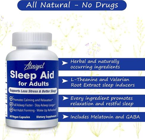 مساعد النوم للبالغين - يدعم الاسترخاء والتهدئة والنوم - جذر فاليريان، إل-ثيانين، الميلاتونين وGABA - يتضمن مستخلصات البابونج، زهرة العاطفة، بلسم الليمون والجنجل in Kuwait