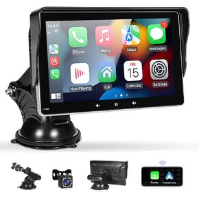Wireless Carplay Screen for Car, 7" 2024 Portable Touch Screen with 1080P Backup Camera,CarPlay and Android Auto Automatic Multimedia Player with Mirror Link/USB/AUX/5.1 Bluetooth/Navigation