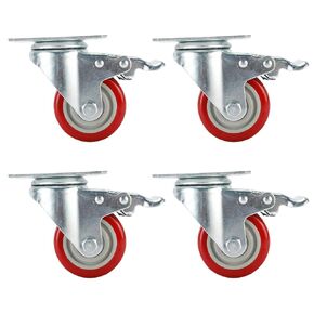 4 Pcs/Set Caster Wheels with Brake Heavy Duty Swivel Plate Stem Brake Casters Red Polyurethane Wheels Total 1200LBS (3" 75mm)