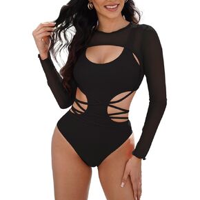 Kisscynest Women's Sexy Cutout One Piece Swimsuit Monokini with Long Sleeve Coverup Shirt
