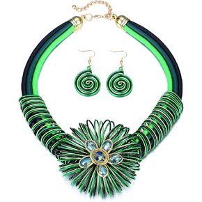 Chunky African Statement Choker Necklaces Earrings Set for Women, Unique Colorful Bib Collar Necklace Ethnic Indian Tribal Costume Jewelry Set Handmade