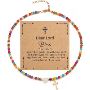 Cross Initial Heart Necklace Colorful Beaded First Communion Baptism Gifts Choker Necklace for Women Girls