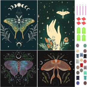 4 Sets Moth and Moon Diamond Painting Moon Moth DIY 5D Diamond Painting Kits Art with Accessories and Tools for Adults Beginners Craft Home Wall Decor, 4 Styles
