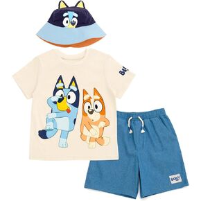 Bluey T-Shirt Chambray Shorts and Twill Bucket Sun Hat 3 Piece Outfit Set Toddler to Big Kid