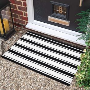 Collive Black and White Outdoor Rug, Washable Front Door Mat Outdoor Entrance, 2 x 3 Small Striped Cotton Entryway Rugs Woven Reversible Welcome Mat, Modern Outdoor Layering Rug for Porch Farmhouse
