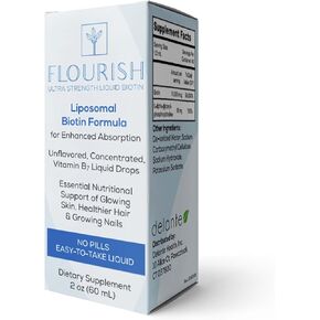 Solace Nutrition - Flourish Biotin Hair, Skin and Nails Vitamins, Liquid Vitamin Supplements with Vitamin B7, Unflavored Hair Growth Supplement, Ultra-Strength Biotin Vitamins, 15,000 mcg, 2fl oz