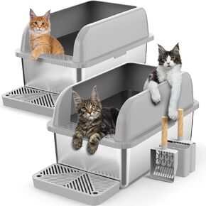 2 Pack XL Stainless Steel Litter Box Enclosure with Lid, Stainless Steel Cat Litter Pan for Big Cats, Large Metal Litter Box with Anti-Leakage High Wall, Non-Sticky Easy Cleaning Cat Litter Tray