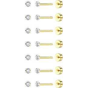 14K Real Gold Plated Threadless Flat Back Earrings Surgical Stainless Steel Earrings for Women Men 2-8mm 5A Cubic Zirconia Earrings Studs Dainty Push Pin Cartilage Earring Piercing Hypoallergenic