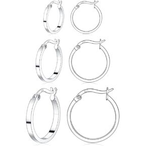 3 Pairs 925 Sterling Silver Hoop Earrings for Women 14K White Gold Plated Silver Hoop Earrings Hypoallergenic Small Silver Hoop Earrings for Men Girls 13/15/20mm