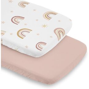 Sweet Jojo Designs Boho Rainbow Girl Baby Bassinet Sheets Fitted Sheet Set Infant Newborn Nursery Oval Rectangle Hourglass Mattress 2p Pink Yellow Bohemian Modern Neutral Vintage Stars Sun Celestial