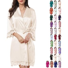 Womens Silk Robe Satin Robe Silky Kimono Lace Bathrobe Sleepwear Wedding For Bridal Bride Bridesmaid Robes