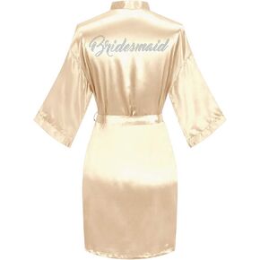 إمرأة قصير كيمونو رداء العروس وصيفة الشرف الساتان الاستعداد روب للنوم حريري مع أحجار الراين الفضية in Kuwait