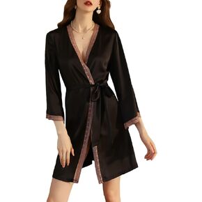 Robes For Women Stain Mesh Black Kimono Nightgown Sexy Deep V Sleepwear Wedding Bridesmaids Bathrobe