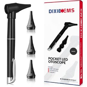 Dixie Ems Basic Medical Pocket Size Otoscope with LED Light, Clip and 4 Specula Sizes for Students, EMTs, Nurses, Doctors, and Vets