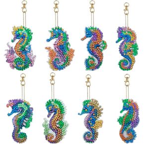 FineGood 8 Pcs Seahorse Diamond Art Painting Kits, 5D Diamond Art Keychain DIY Seahorse Diamond Paint Hanging Ornament Crystal Pendant Diamond Art Accessories