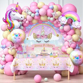 Winrayk 141Pcs Pink Unicorn Party Decorations Birthday Supplies for Girls, Unicorn Balloon Arch Kit Backdrop Tablecloth Foil Balloon, Unicorn Themed Party Supplies Rainbow Unicorn Birthday Decorations