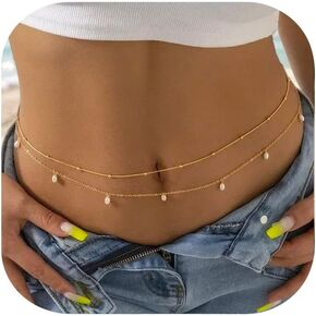 Staligue 2Pcs Belly Chains for Women 18K Gold Plated Waist Chains Adjustable Layered Body Chains Plus Size Pearl Satellite Beaded Natural Stone Belly Waist Chain Jewelry for Summer 25-43Inch