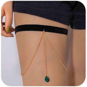 Layered Leg Chain Emerald Thigh Leg Chain Emerald Tassel Thigh Chain Green Crystal Leg Thigh Chain Punk Body Chain Rave Gold Thigh Body Chain Jewelry for Women and Girls
