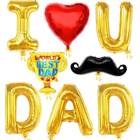 KatchOn, I Love U Dad Balloons - Giant 32 Inch, Pack of 8 | Gold Happy Fathers Day Balloons with Mustach, Trophy Balloons | Happy Fathers Day Decorations for Party | Happy Fathers Day Backdrop Decor