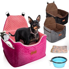 Pink Memory Foam Dog Car Seat Medium Sized Dog with Washable, Removable Cover, Elevated Small Dog Seat for Car, Anti-Slip Sturdy Dog Car Seats for Medium Dogs, Free Dog Blanket, Free Dog Bowl