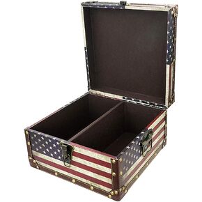 Large Vintage Decorative Storage Trunk - Wooden American Flag Treasure Chest Box, 13.8" x 11.8" x 6.7"