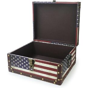 Large Vintage Decorative Storage Trunk - Wooden American Flag Treasure Chest Box, 13.8" x 11.8" x 6.7"