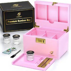 Premium Large Bamboo Box - Decorative Box Wooden Locking Storage Box with Rolling Tray - Decorative Wood Box for Herbs and Accessories - Decorative Box Set with Combination Lock