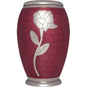 Burgundy Gold Rose Funeral Urn by Liliane - Cremation Urn for Human Ashes - Adult Size - Hand Made in Brass - Display Urn at Home or in Niche at Columbarium - Talia Model (Enamel with Gold Flower)