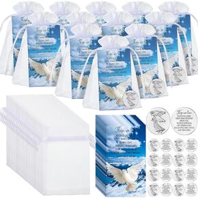 Fumete 50 Sets Memorial Angel Sign Coins Set Includes 50 Funeral Pocket Angel Tokens Guardian Pocket Angel Coins 50 Peace Dove Pattern Cards Memorial Prayer Cards and 50 White Organza Bags