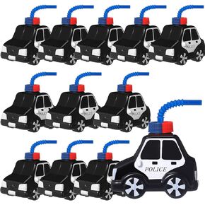 Tanlade 12 Set Police Car Birthday Party Favor Gifts Police Cups with Straws,10oz Plastic Transportation Shape Cup Reusable Traffic Vehicle Birthday Party Favor for Car