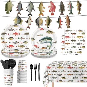 170PCS Fishing Birthday Party Decorations Gone Fishing Party Decorations Include Plates, Cups, Cutlery, Banner, Tablecloth for Ofishally One Birthday Decorations