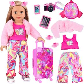 Ecore Fun American 18 Inch Doll Clothes and Accessories Doll Suitcase Set, 10 Pcs Doll Travel Play Set with Doll Backpack Clothes Hair Clips Camera Computer Phone Fit 18 Inch Dolls Girl Gifts