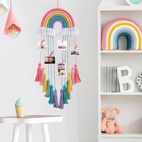 Boho Nursery Decor Rainbow Macrame Wall Hanging Handmade Bow Holder Hair Clips Organizer for Baby Girls Bohemian Photo Display Hanger Bedroom Party Decor Birthday Gifts for Girls Pink