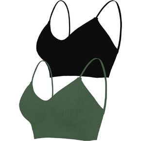 2PCS Women's V-Neck Padded Seamless Straps Bralette, Everyday Basic Sleeping Bra, Sports Bras for Women, Tank Top Bra Sports Bra for Women Girls(Black+Army Green,M-L)