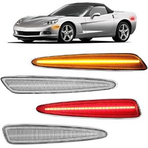 ROCCS 4PCS LED Amber & Red Side Marker Lights Compatible with Chevy Corvette C6 Z06 ZR1 2005-2013 Front Rear Bumper Signal Light Replace OEM Sidemarker, Smoked Lens