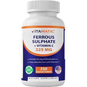 Vitamatic Ferrous Sulphate 325 mg + Vitamin C 100 mg - (65 mg Elemental Iron) High Potency Iron Supplement | No Artificial Color Additives - 250 Coated Tablets - Made in USA