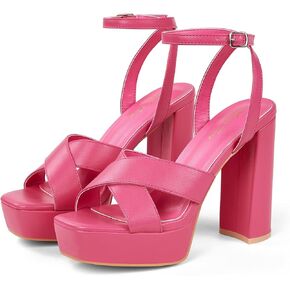 Elisabet Tang Platform Chunky High Heels Sandals for Women,4.7 inch Strappy Square Open Toe Block Heels Sexy Ankle Strap Thick Heeled Sandals Daily Wedding Party Dress Shoes