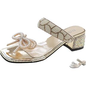 Women's Bow Pearl Low Chunky Heel Mule Sandals,Fashion Pearl Strap Design Slip-on Open Toe Block Heel Slides Sandals Wedding Party Dress Sandals