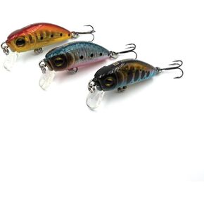 3-Pack Fishing Lures with VMC Hooks, Ultralight Crankbait Lures for Bass Perch Walleye Trout Pike, Slow Sinking Mini Hard Baits, Fresh/Salt Water