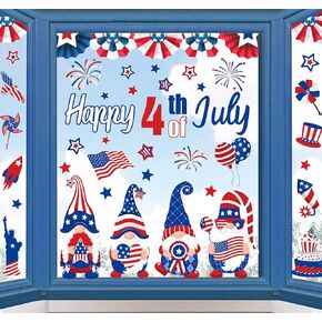 Whaline 9 Sheet 4th of July Window Clings Patriotic Gnome Stickers American Flag Stars Fireworks Double-Sided Window Decals for Independence Day Party Supplies School Home Office Decoration
