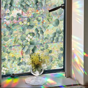 Window Privacy Film,Rainbow Window Clings,Green Leaves Stained Glass Window Decals,Static Cling Window Sticker Removable Non-Adhesive UV Blocking17 x 39.4" (BL001)