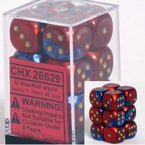 مجموعات النرد Chessex d6: الجوزاء الأزرق والأحمر مع الذهب - قالب سداسي الجوانب مقاس 16 مم (12) كتلة من النرد