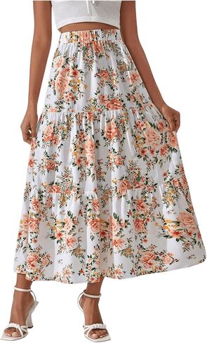 Verdusa Women's Elastic High Waist Floral Print Ruffle Flowy A Line Long Skirts in Saudi Arabia