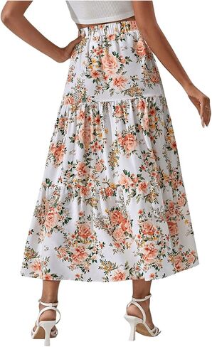 Verdusa Women's Elastic High Waist Floral Print Ruffle Flowy A Line Long Skirts in Saudi Arabia