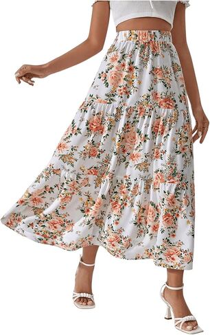 Verdusa Women's Elastic High Waist Floral Print Ruffle Flowy A Line Long Skirts in Saudi Arabia