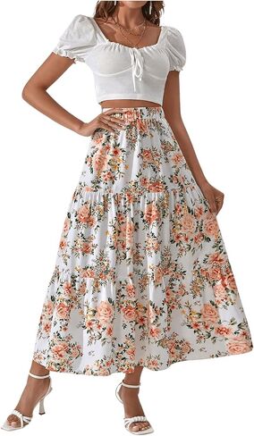 Verdusa Women's Elastic High Waist Floral Print Ruffle Flowy A Line Long Skirts in Saudi Arabia