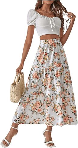Verdusa Women's Elastic High Waist Floral Print Ruffle Flowy A Line Long Skirts in Saudi Arabia