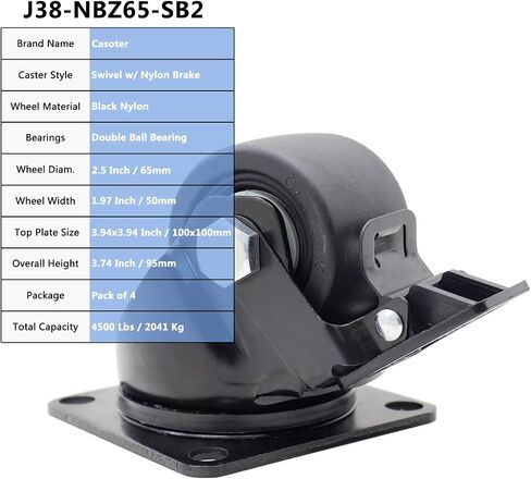 Casoter 2.5" Black Swivel w/Nylon Wheel Brake Caster, Low Gravity Center Design 50mm Extra Width Hi-temp Nylon Wheels Top Plate Mounted Heavy Duty Caster Set, 4500Lbs Total Load Capacity Pack of 4 in Saudi Arabia