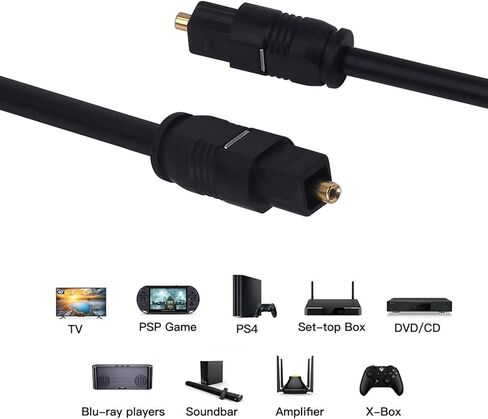 كابل Toslink، [عبوة من قطعتين] سلك صوت رقمي من الألياف الضوئية بطول 1.8 متر مطلي بالذهب Toslink إلى كابل ألياف بصرية Toslink للمسرح المنزلي، ومكبر الصوت، والتليفزيون، وPS4، وXbox والمزيد in Kuwait